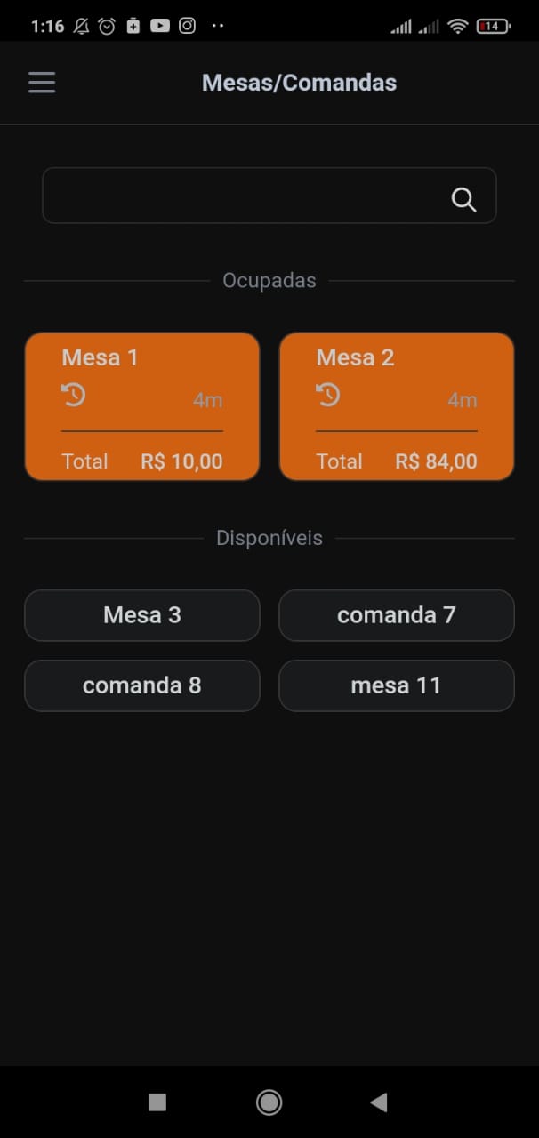 Interface do App para Garçons VamoPedir