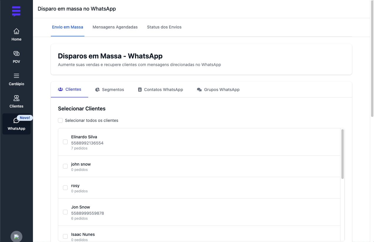 VamoPedir Disparo em Massa WhatsApp - Demonstração da interface em tempo real