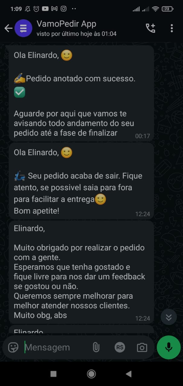 Notificações do VamoPedir no WhatsApp